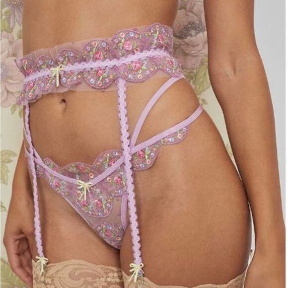 For Love & Lemons Daphne Garter Belt Purple New Floral Metallic Embroidery Large - Picture 1 of 11